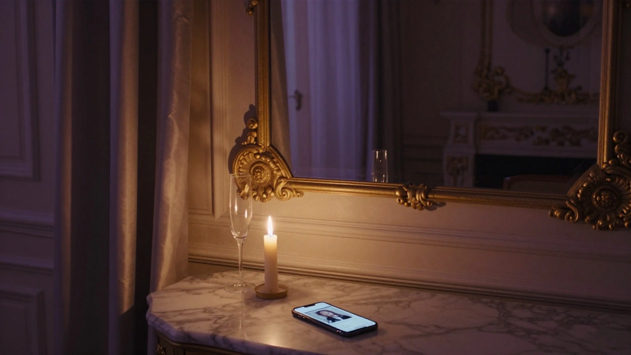 An empty Parisian apartment with a flickering candle and a smartphone showing a blurred escort ad.