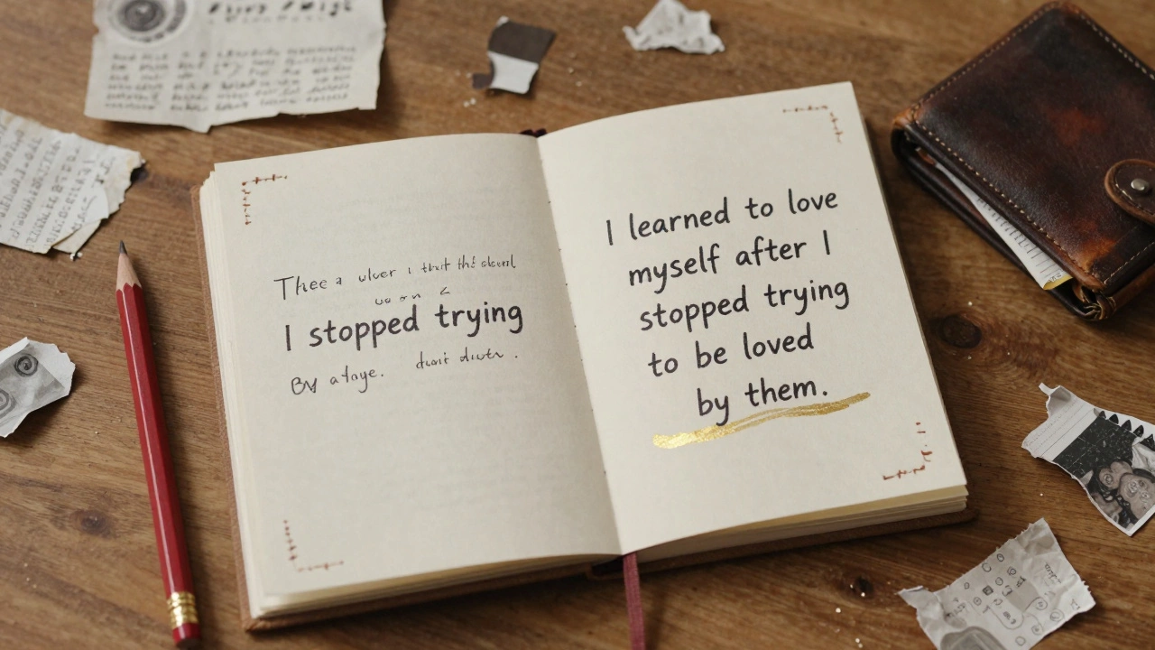 Hand-stitched queer zine open on a wooden table with handwritten stories, a worn wallet and recycled paper scattered around.