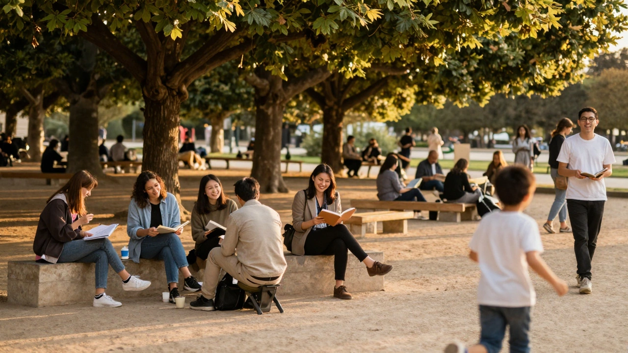 People enjoying quiet moments of connection in Luxembourg Garden under golden afternoon light.