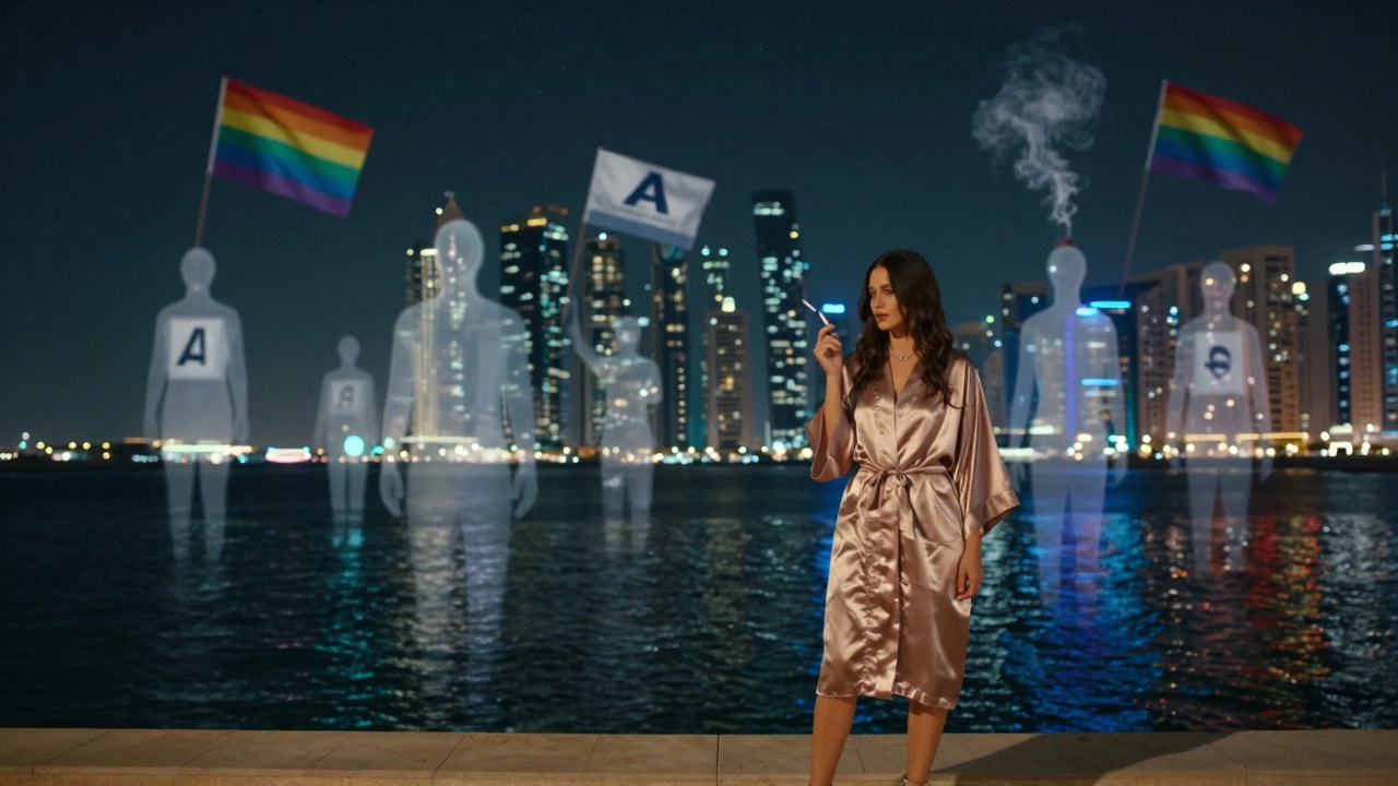 Sunny at Dubai&#039;s Marina at night, translucent performative allyship figures fading, a woman in silk robe lights a cigarette nearby.